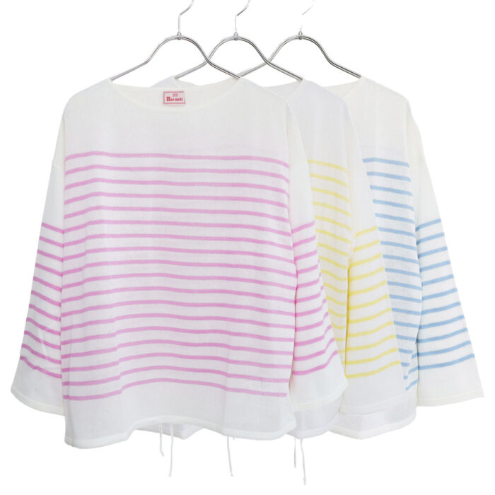 mao made マオメイド 611132 和紙のようなリネンのようなシアーポリエステルシリーズ パネルボーダー裾ドロストプルオーバー トップス シアー ボーダー