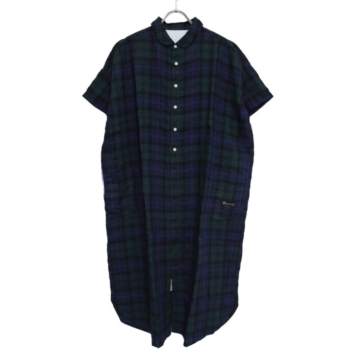 快晴堂 かいせいどう 61OP-03 タータンチェック/エバーグリーン wide丸衿タブ半袖ワンピース ワンピース チェック柄 麻100% リネン