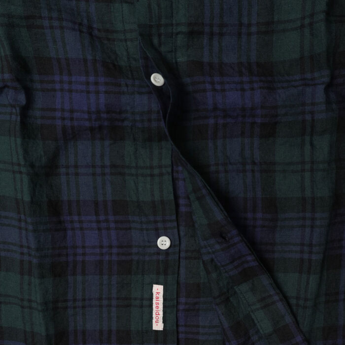 快晴堂 かいせいどう 61OP-03 タータンチェック/エバーグリーン wide丸衿タブ半袖ワンピース ワンピース チェック柄 麻100％ リネン