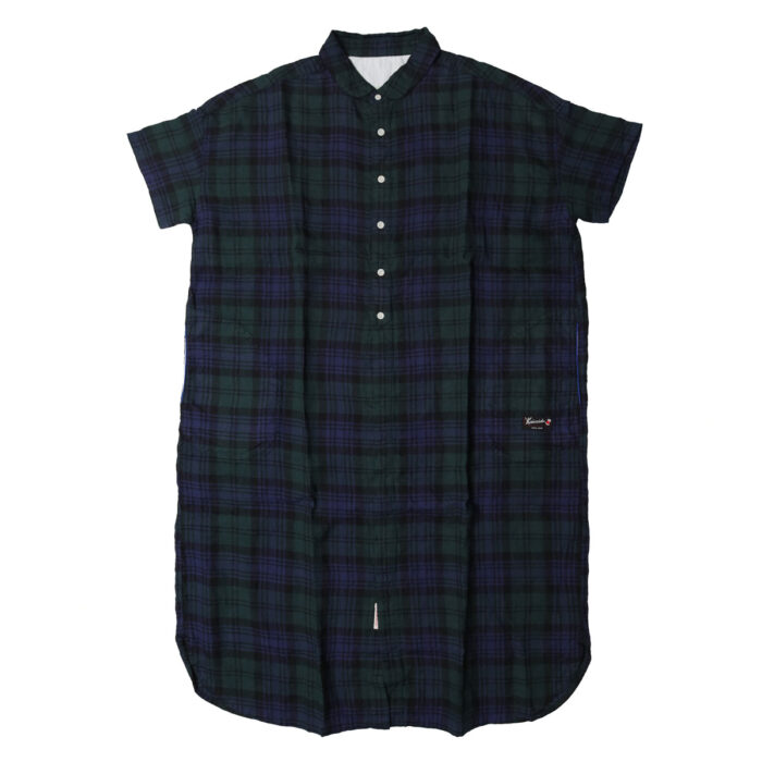 快晴堂 かいせいどう 61OP-03 タータンチェック/エバーグリーン wide丸衿タブ半袖ワンピース ワンピース チェック柄 麻100％ リネン