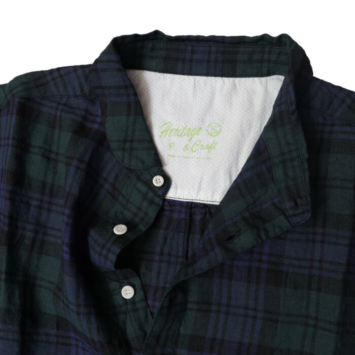 快晴堂 かいせいどう 61OP-03 タータンチェック/エバーグリーン wide丸衿タブ半袖ワンピース ワンピース チェック柄 麻100％ リネン