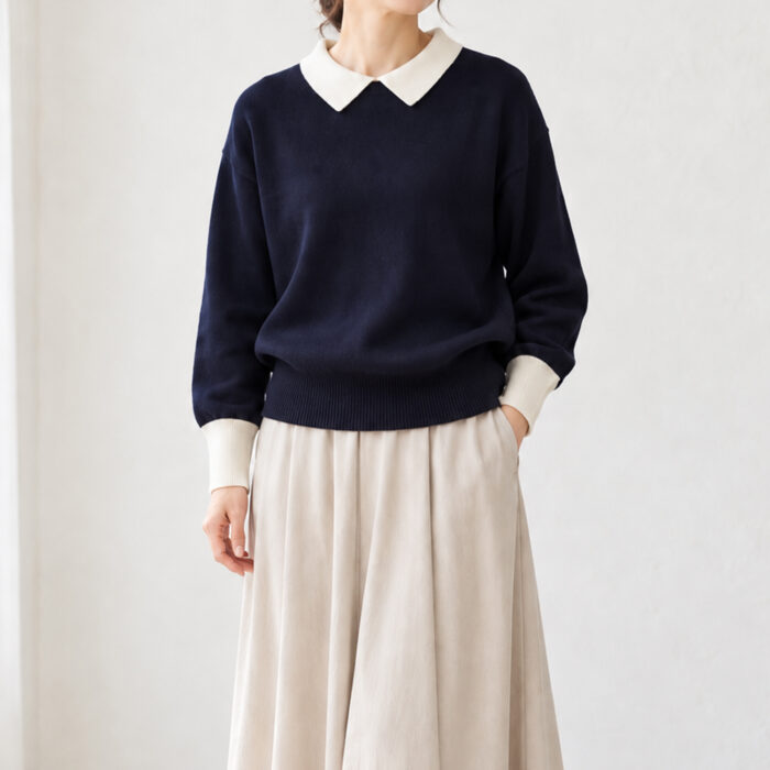 mao made ニット・セーター 641130 やわらかコットンちょこっと衿シリーズちょこっと衿レディライクプルオーバー