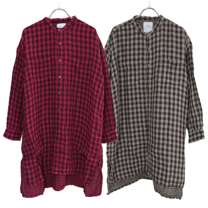 ARMEN トップス INAM2682DGD COTTON DOUBLE GAUZE CHECK OVERDYE UTILITY BANDED COLLAR LONG SHIRT