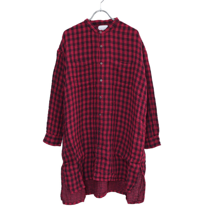 ARMEN トップス INAM2682DGD COTTON DOUBLE GAUZE CHECK OVERDYE UTILITY BANDED COLLAR LONG SHIRT