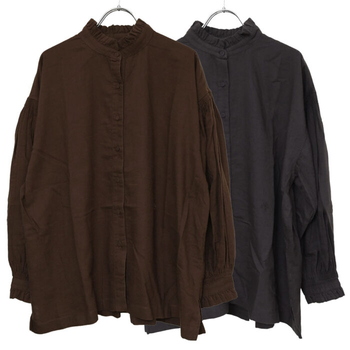 maison de soil トップス INMDS26702 TWILL COTTON KHADI PLAIN FRILL COLLAR SHIRTS WITH MINI PINTUCK
